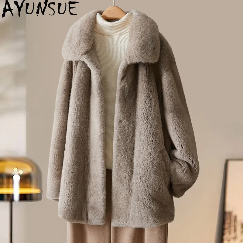 AYUSNUE Natural Fur Coat Women Clothing Warm Whole Female Mink Winter Jacket for Woman Fashion Long Sleeve Шуба Натуральный Мех