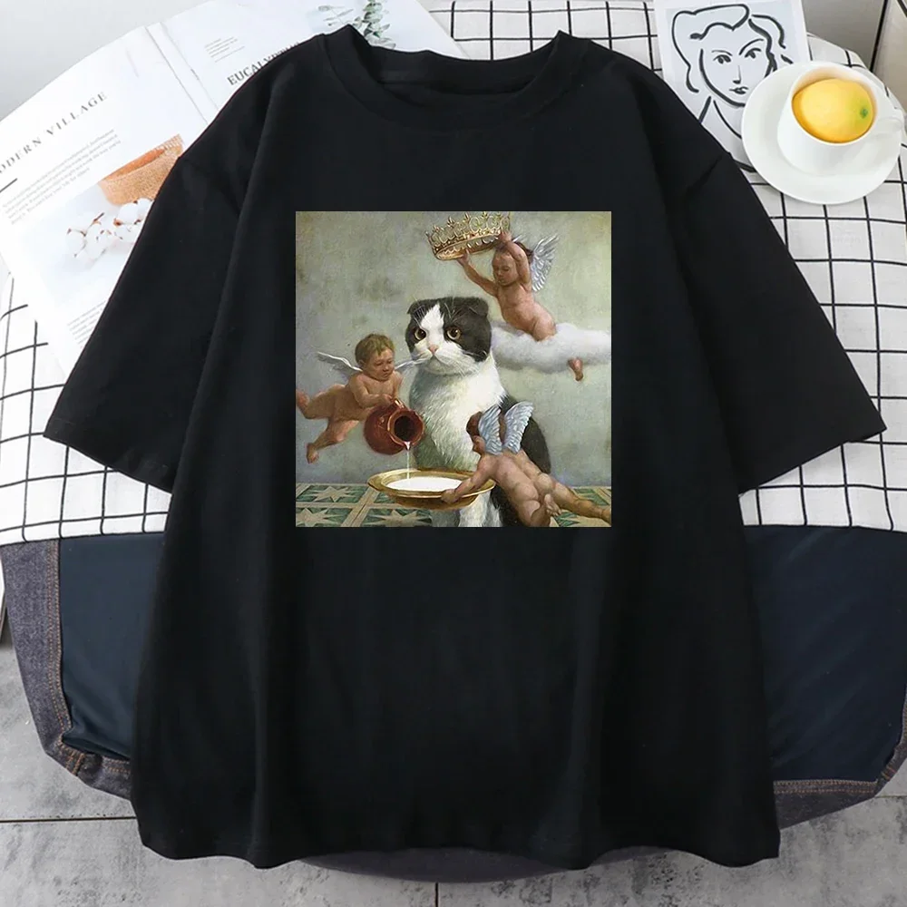 

Fun Angel Cat Pattern Women's T-shirt High Street Fashion Trend Short Sleeve T-shirt Women's T-shirt
