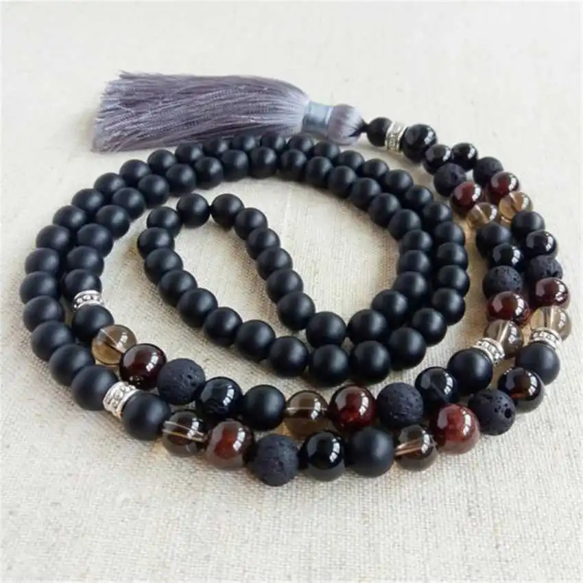 

Natural Black Obsidian 108 Beads Mala Necklace with Lava Rock & Tiger's Eye Accent Gray Tassel Aromatherapy Spiritual Jewelry