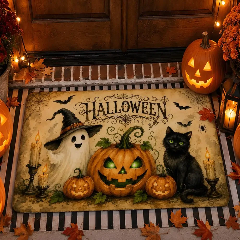 Halloween Black Cat Ghost Pumpkin Floor Mat Festive Decorative Flannel Non-Slip Washable Mat for Entry & PartyParty-Ready