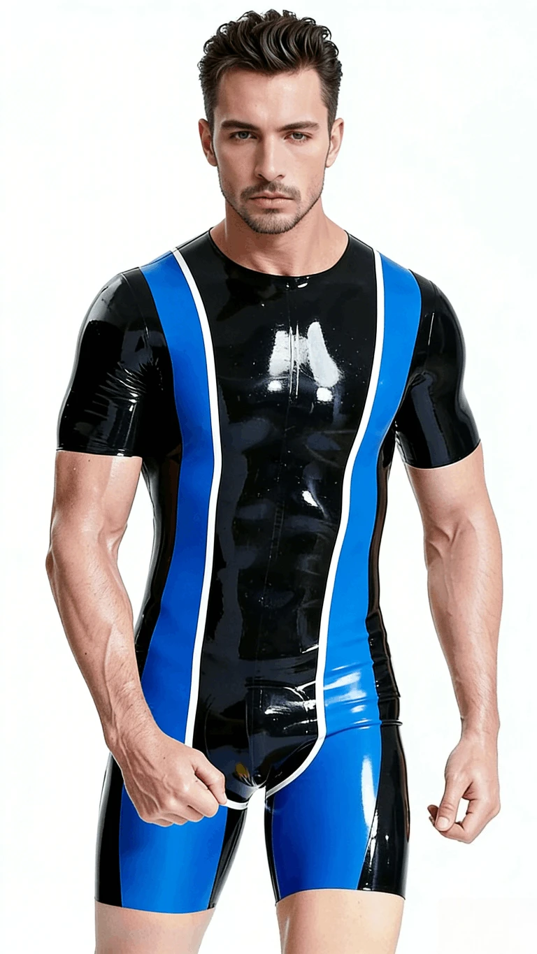

Customized Latex Black Blue Bodysuit Fashion Latex Bodysuit Short Sleeve Catsuit Handmade Rubber Party