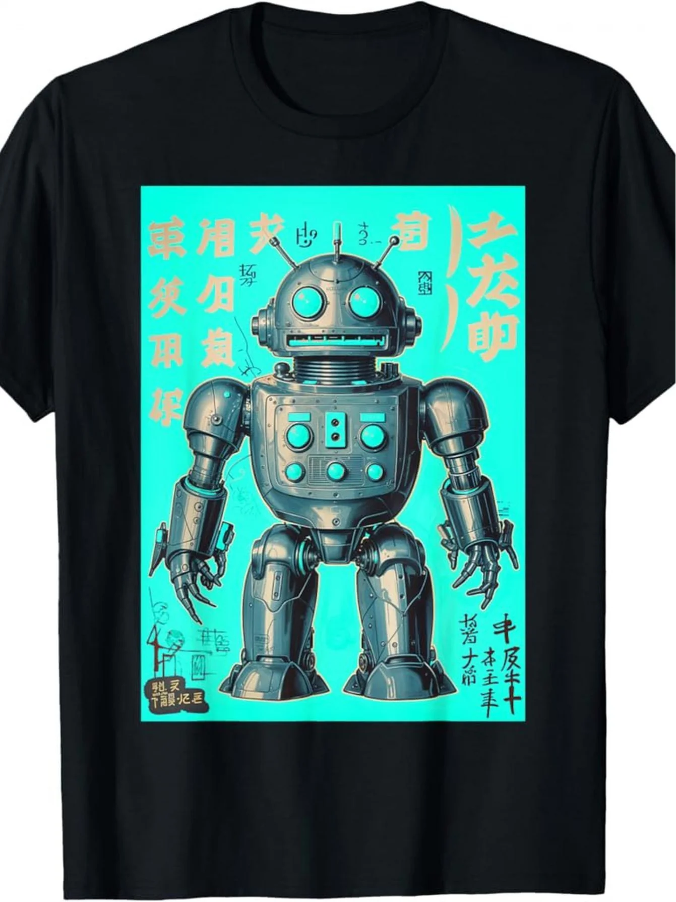 Men'S Short-Sleeve Round Neck T-Shirt Featuring a Vintage Turquoise Robot Design, Suitable for Casual Wear in All Seasons