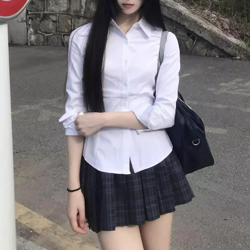 Harajuku Y2K Camicia bianca slim fit Donna 2025 Vita dimagrante Manica lunga Camicie Jk Donna All Match Colletto rovesciato Camicetta chic
