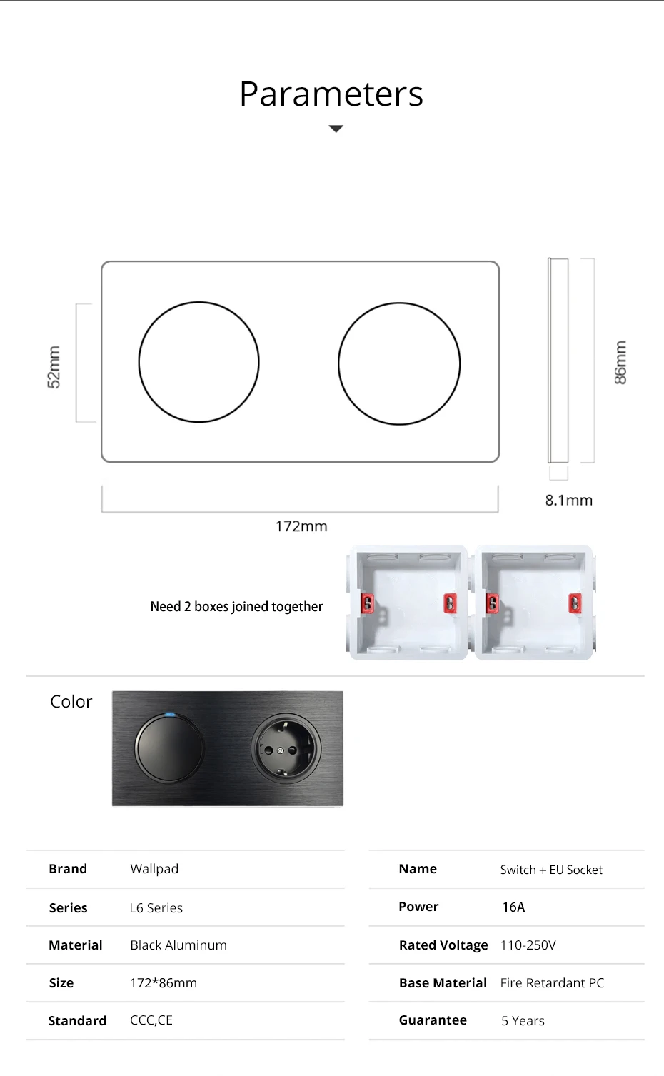 Wall Switch 1/2/3/4 Gang, EU French Wall Socket Combination, Round Button with Blue LED Indicator, Black Aluminum Double Plate