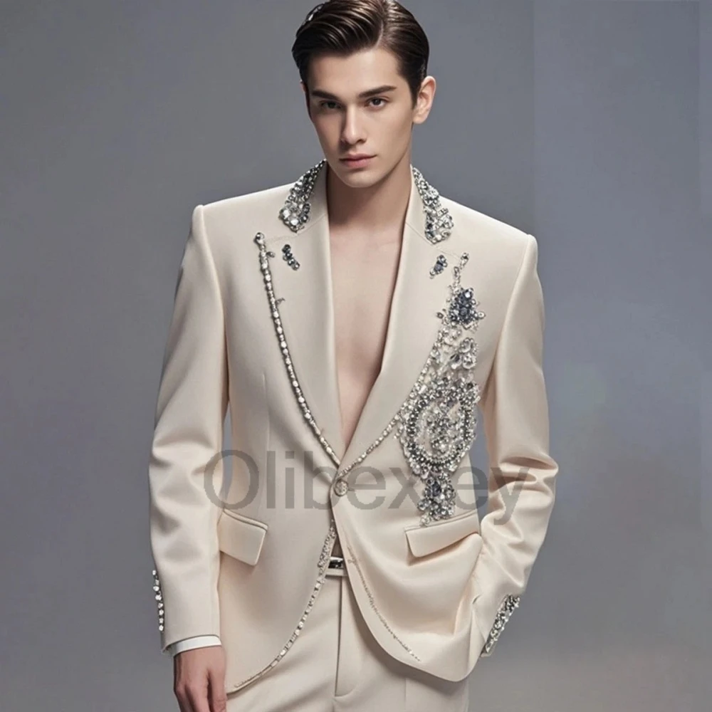 Olibexley Shiny Rhinestone Bead Men Suits Slim Peak Lapel Groom Wedding Tuxedos 2 Pieces Sets Male Prom Blazers Customized S448