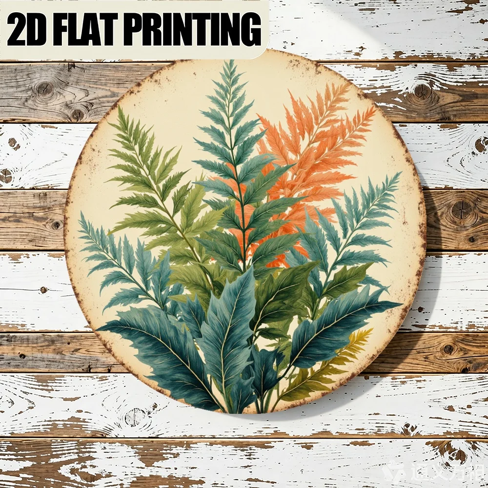 Round Metal Wall Art, 2D Flat Design with Leaf Motif, Geometric Floral Decor for Living Room, Home, Garden Patio