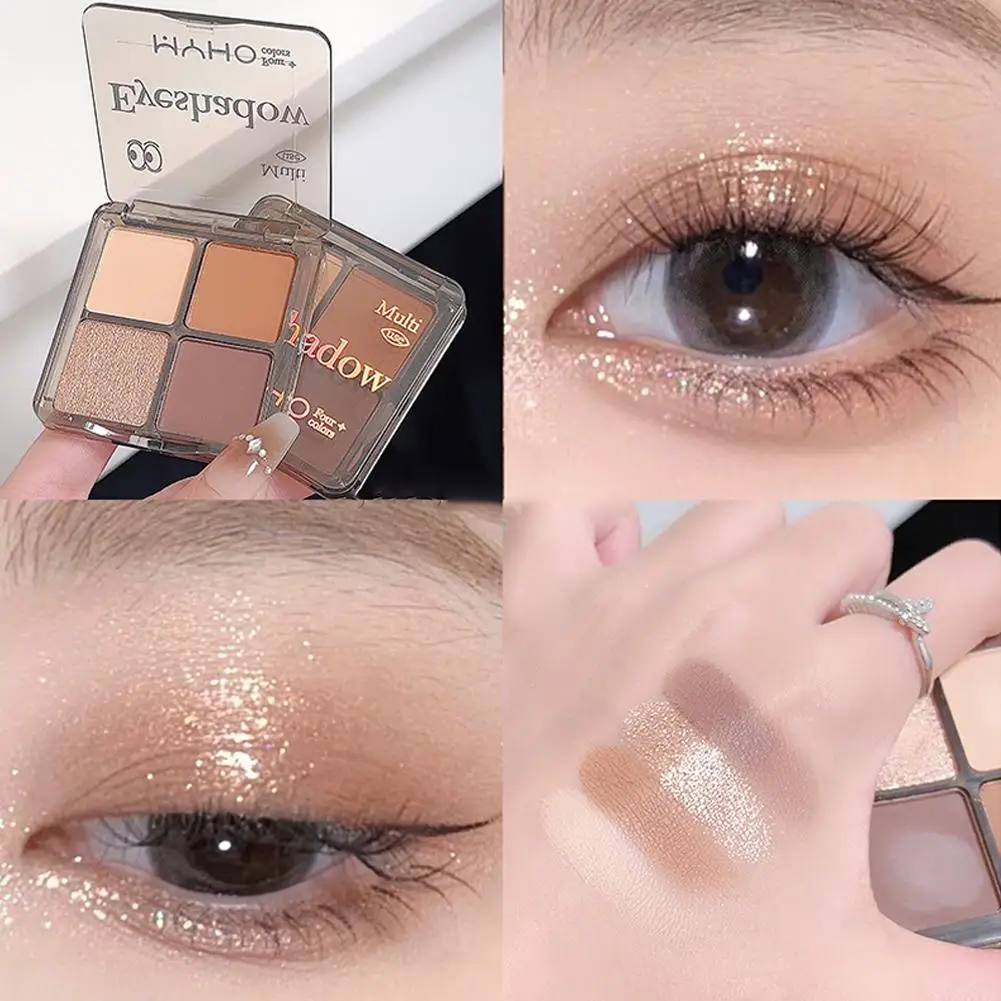 Paleta de sombra de ojos de 4 colores, sombra de ojos mate brillante y brillante para uso diario, tonos tierra, brillo resistente al agua, cosméticos brillantes de gusano de seda