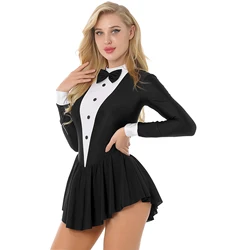 Women Waitress Cosplay Costume Dancewear Long Sleeve Ballroom Latin Dance Dress Bowknot Ruffle Tuxedo Leotard Dresses Clubwear