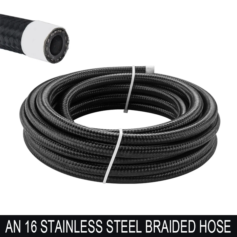 5FT 10FT 20FT AN16 16AN Universal Fuel Oil Hose Pipe Gas Black Fuel Hose Nylon Stainless Steel Braided Oil Cooling Pipe Black