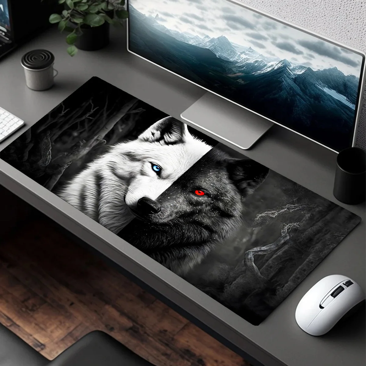 Alfombrilla grande para ratón para juegos, diseño de rey lobo en blanco y negro, base antideslizante, resistente, para escritorio, portátil, accesorios de oficina