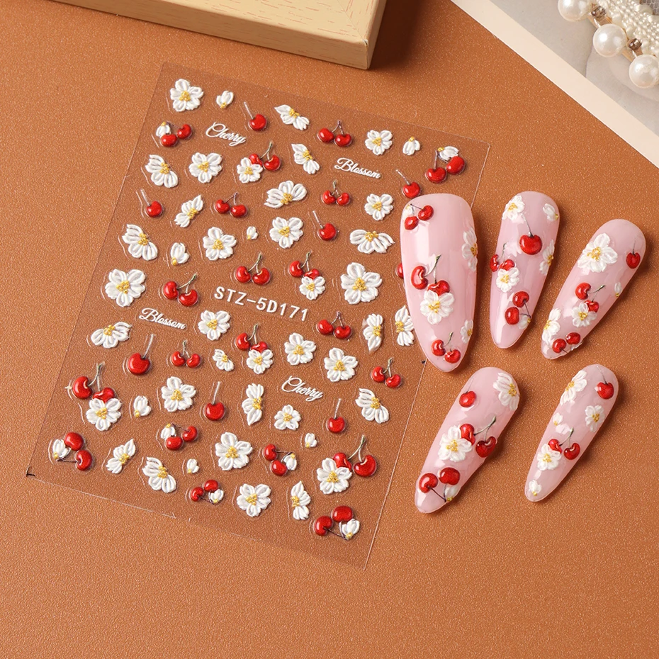 5D Geprägte Elegante Kirschfrucht-Nagelaufkleber Frühlings-Weiße Blumen Selbstklebende Nagelsticker Hochzeitssaison Nageldekoration – Detail 6