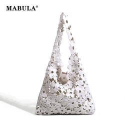 MABULA Hollow Flower Print Women Beach Bag Foldable Summer Canvas Tote Shopper Handbags Vintage Portable Grocery Shoulder Purse