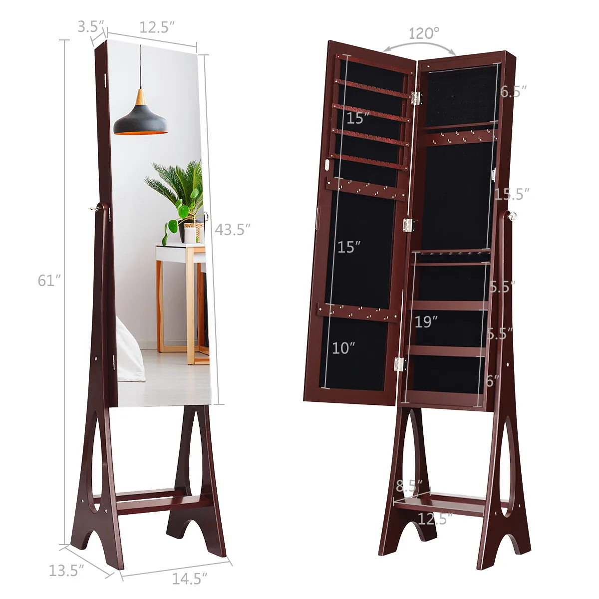 

Mirrored Jewelry Cabinet Armoire w/ Light Bevel Edge Mirror Organizer Standing