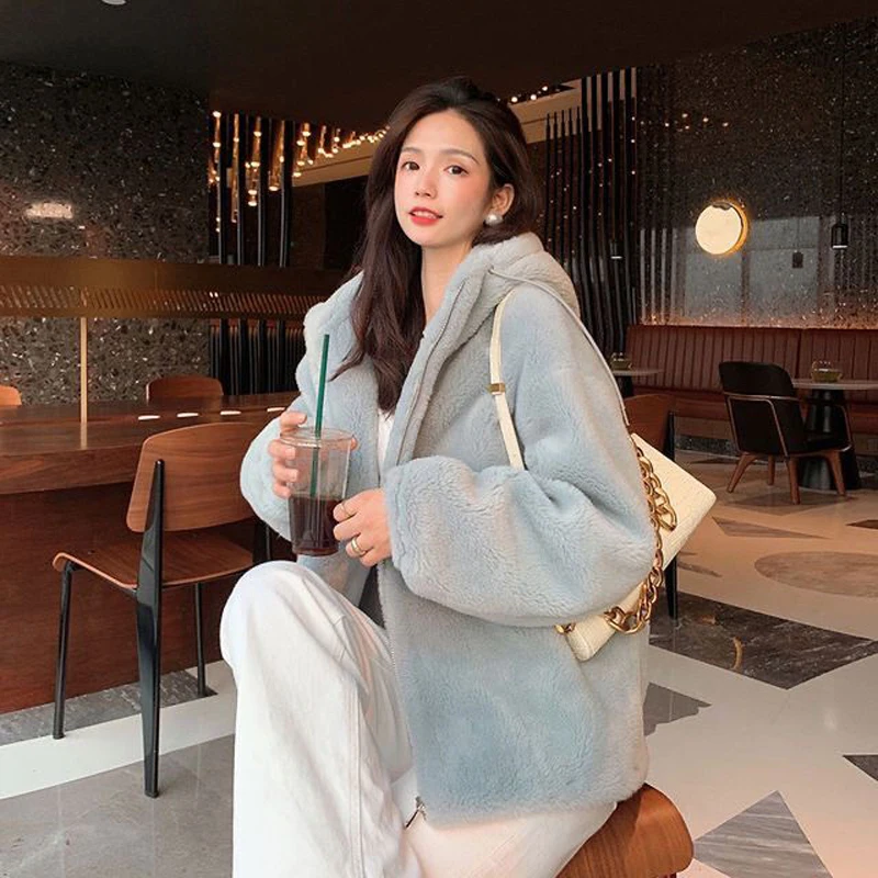 Lambswool Teddy Coat Women Hooded Women Jacket with Zipper CX-G-T-33C