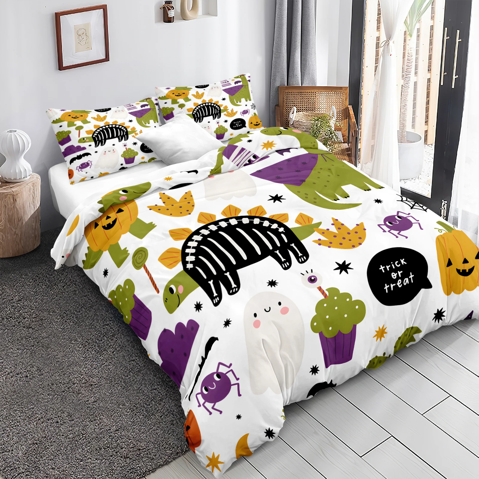 Dinosaur Park Cover Sets for Bed Happy Party Halloween Duvet Cover Set Dinosaur Ghost Bed Set Cute Digital Room Decor