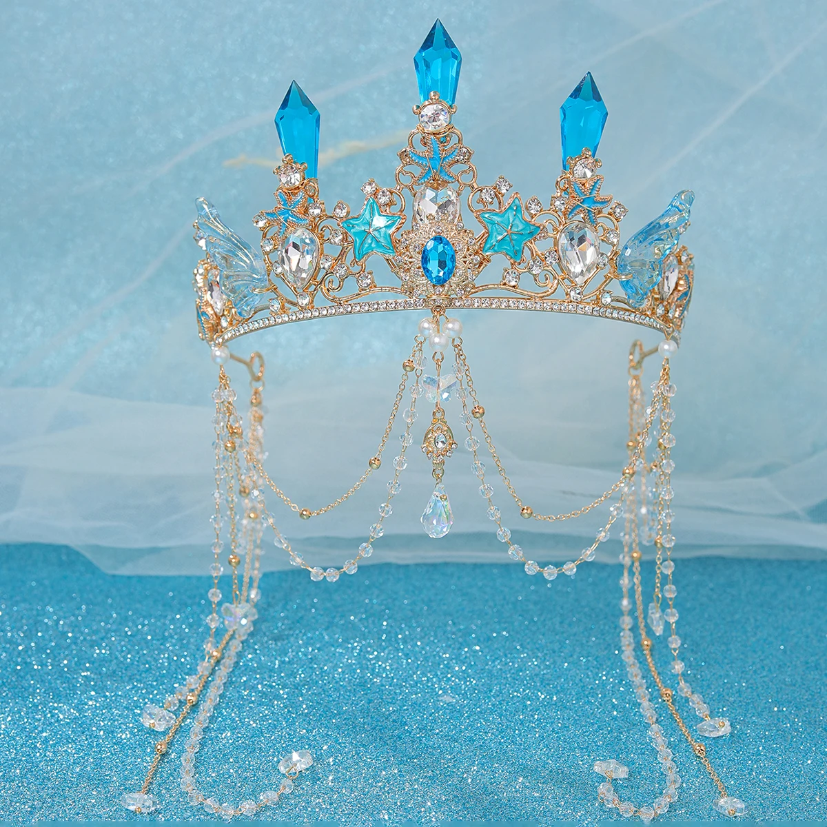 Fashion Crystal Rhinestone Tiaras And Crowns For Women Bride Tassel Diadems Wedding Hair Accessories Princess Sea Party