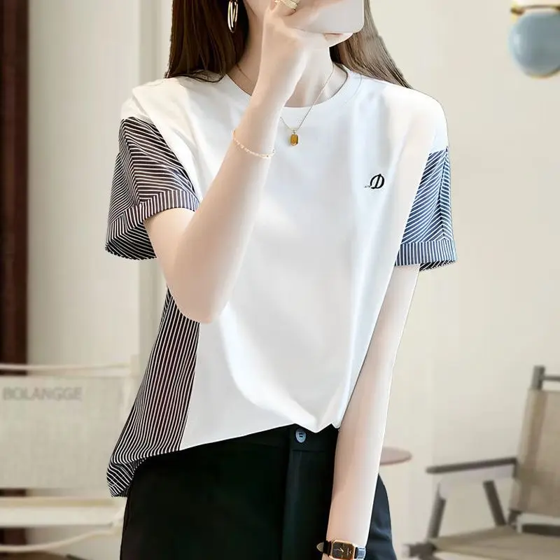 Fashion O-Neck Spliced Embroidery Striped T-Shirts Female Clothing 2024 Summer New Loose Casual Tops All-match Tee Shirt
