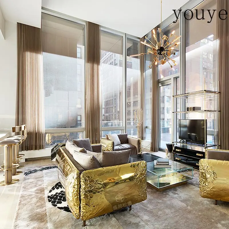 Light luxury sofa high-end luxury high-end sense post-modern Italian leather living room metal leisure mansion multi-person