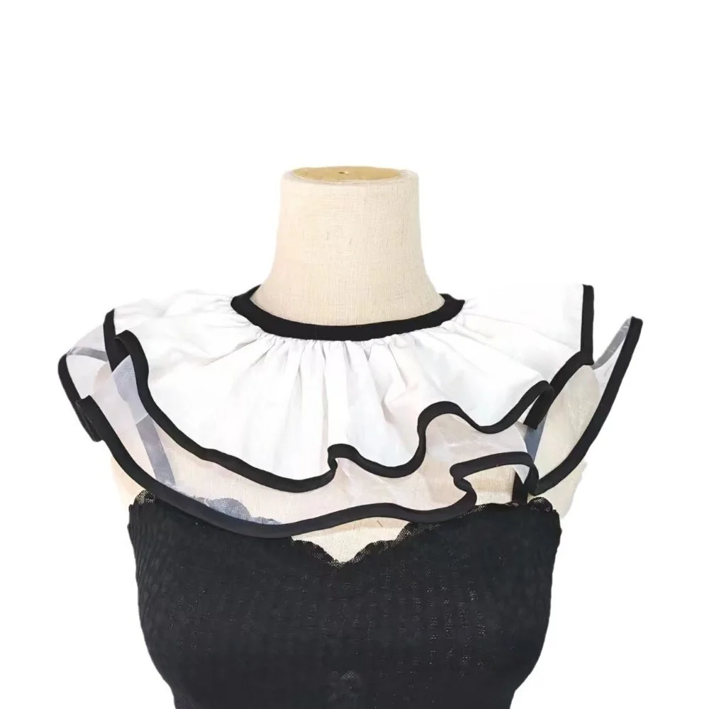 

Retro Style Lolita Fake Collar Pleated Design Double Layer Neck Ruff Black White Detachable Clown Costume Shawl