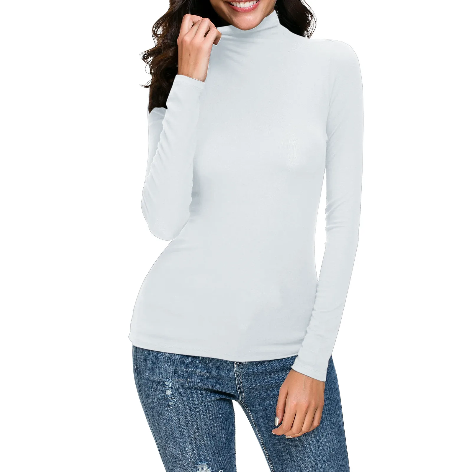 Women Turtleneck T-shirt Solid Color Slim Fit Long Sleeve T Shirts Autumn Winter Basic Tees Top Ropa Mujer