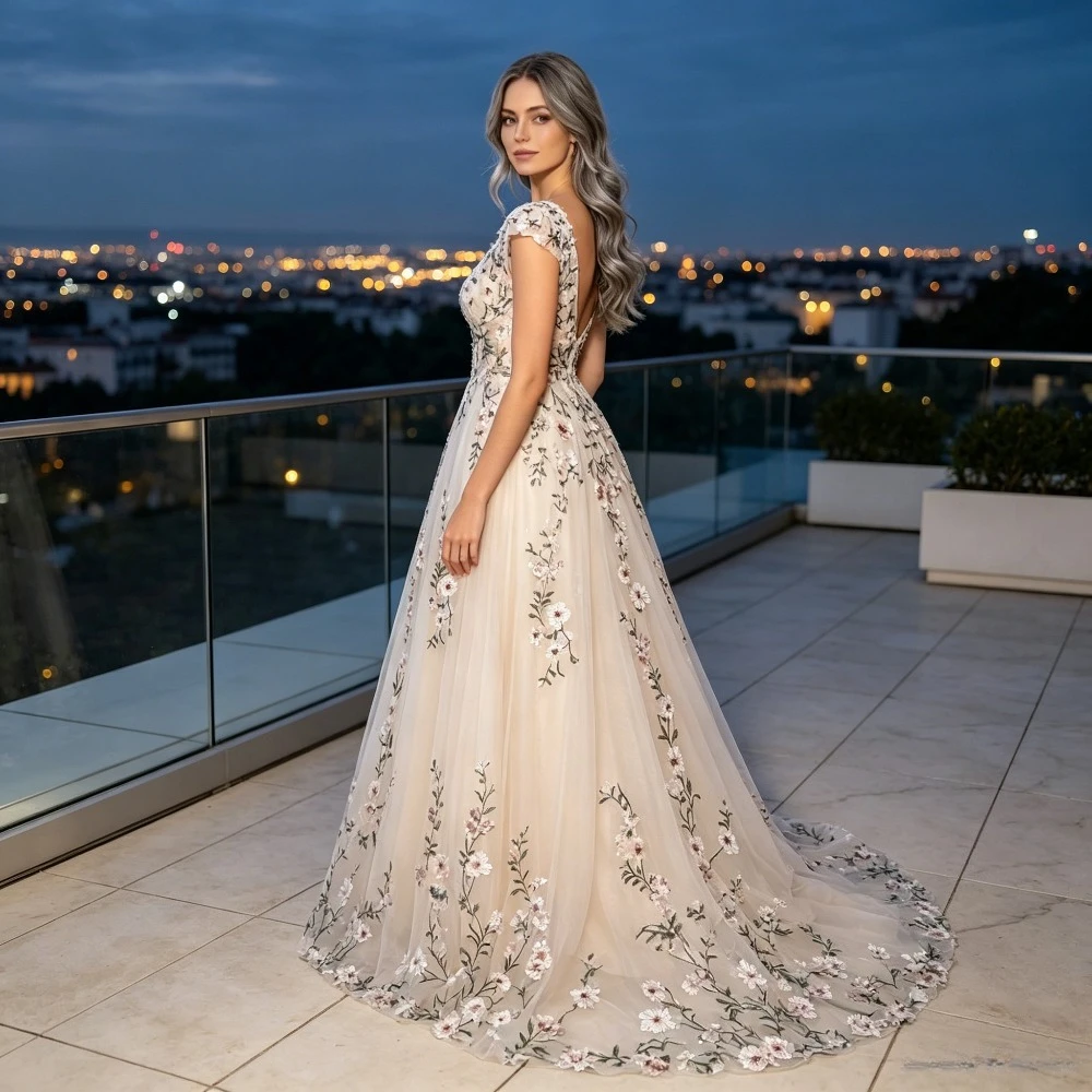 Forest Floral Chiffon A Line Wedding Dresses 2026 Off Shoulder Embroidered Beach Bridal Gown Customized vestido de novia