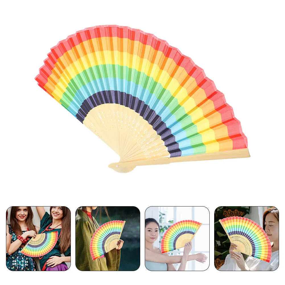 2pcs Folding Bamboo Frame Rainbow Hand Cloth For Wedding Party Decor Handheld Festival Prop Gift Lightweight