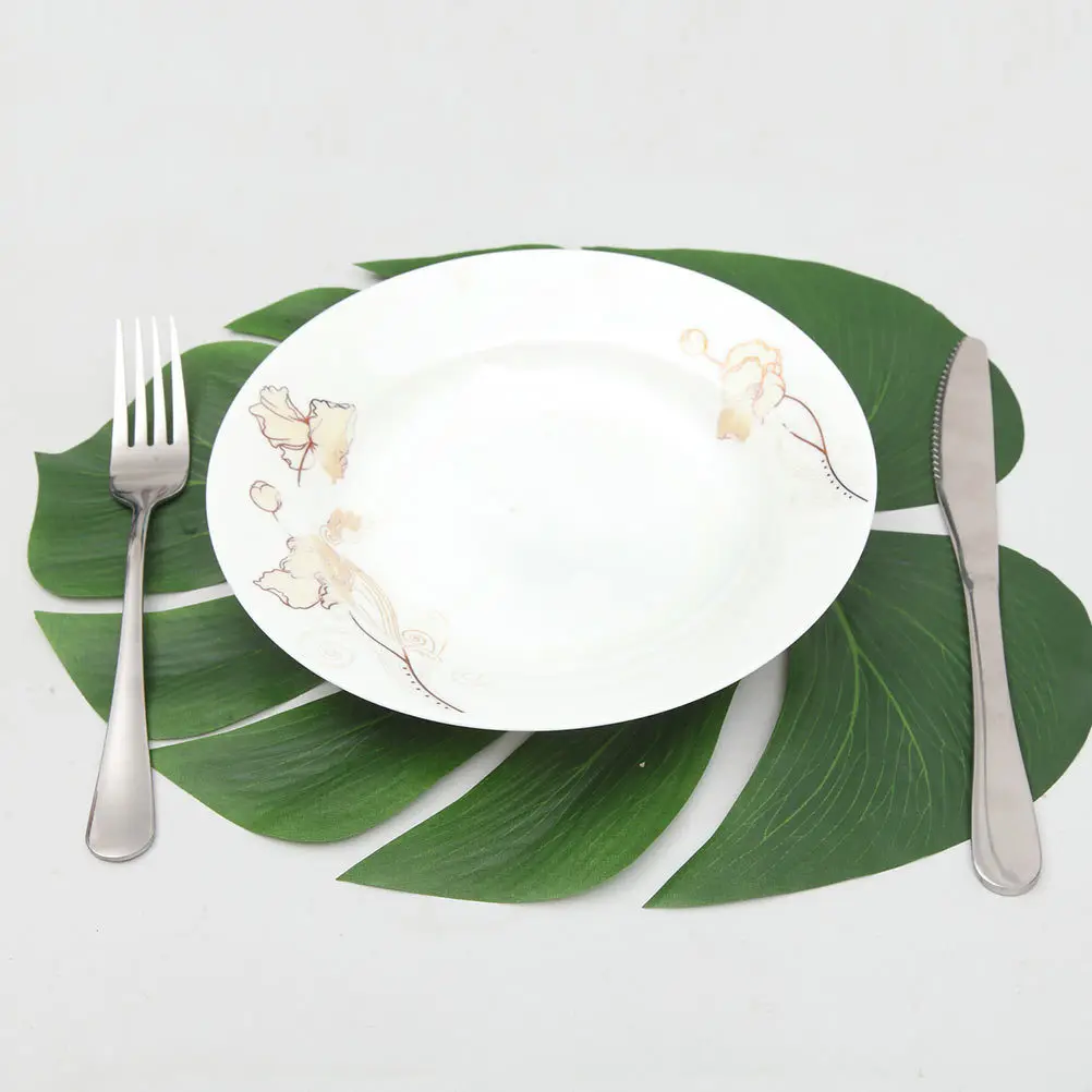 

12pcs Artificial Tropical Palm Leaves 29cmx35cm Table Mat Fake Monstera Beach Party Decor Hawaiian Place Mats Reusable