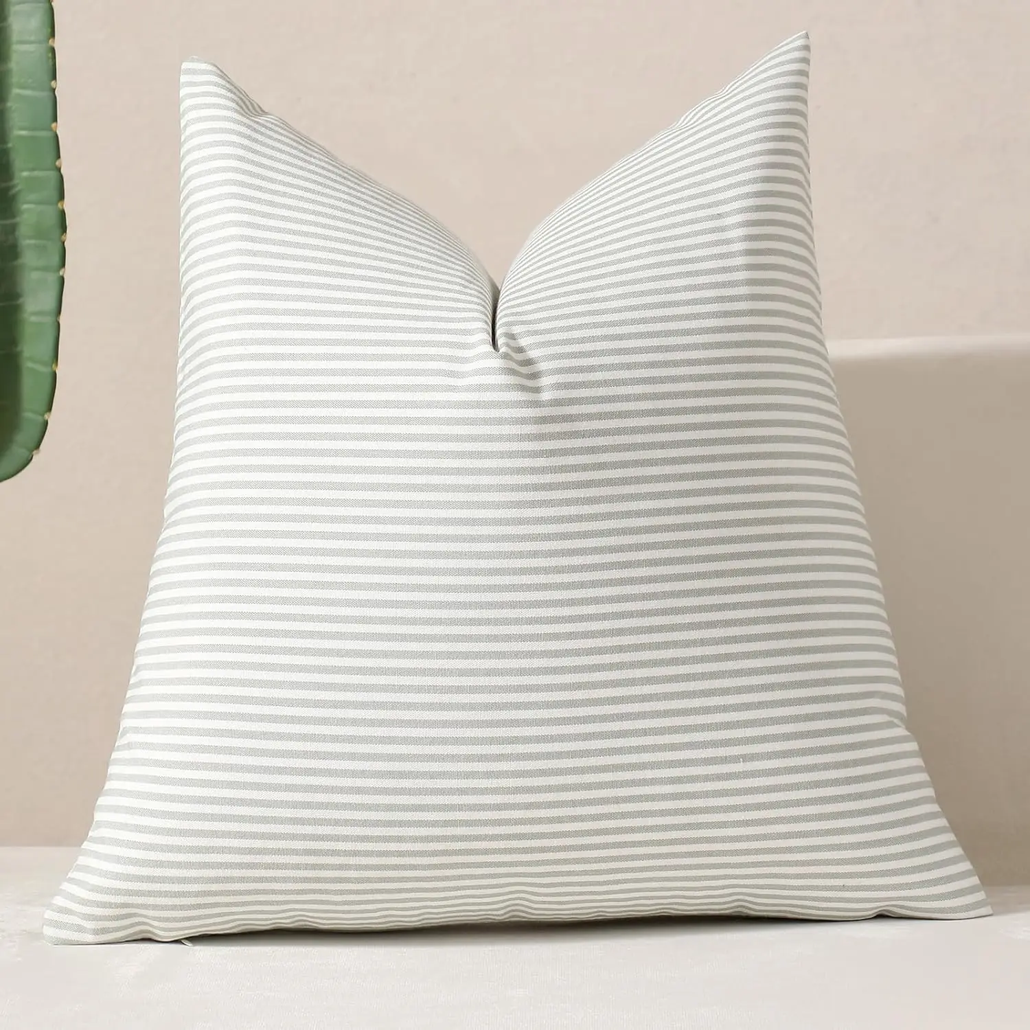 Farmhouse Light Green Striped Throw Pillow Covers Neutral Striped Grid Outdoor Pillow Cover for Patio Sofa Patio Sofa Porch