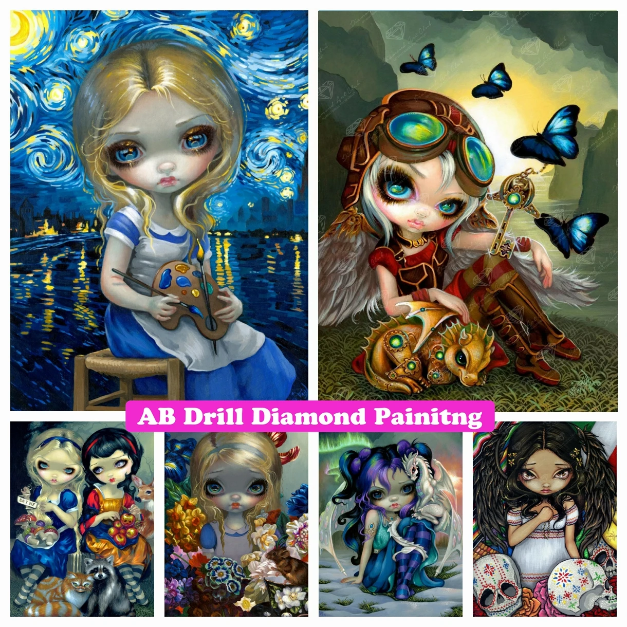 Big Eyes Girl Alice 5D DIY AB Drills Diamond Painting Art Cartoon Fantasy Gothic Cross Stitch Mosaic Hobby Home Decor 2022 New