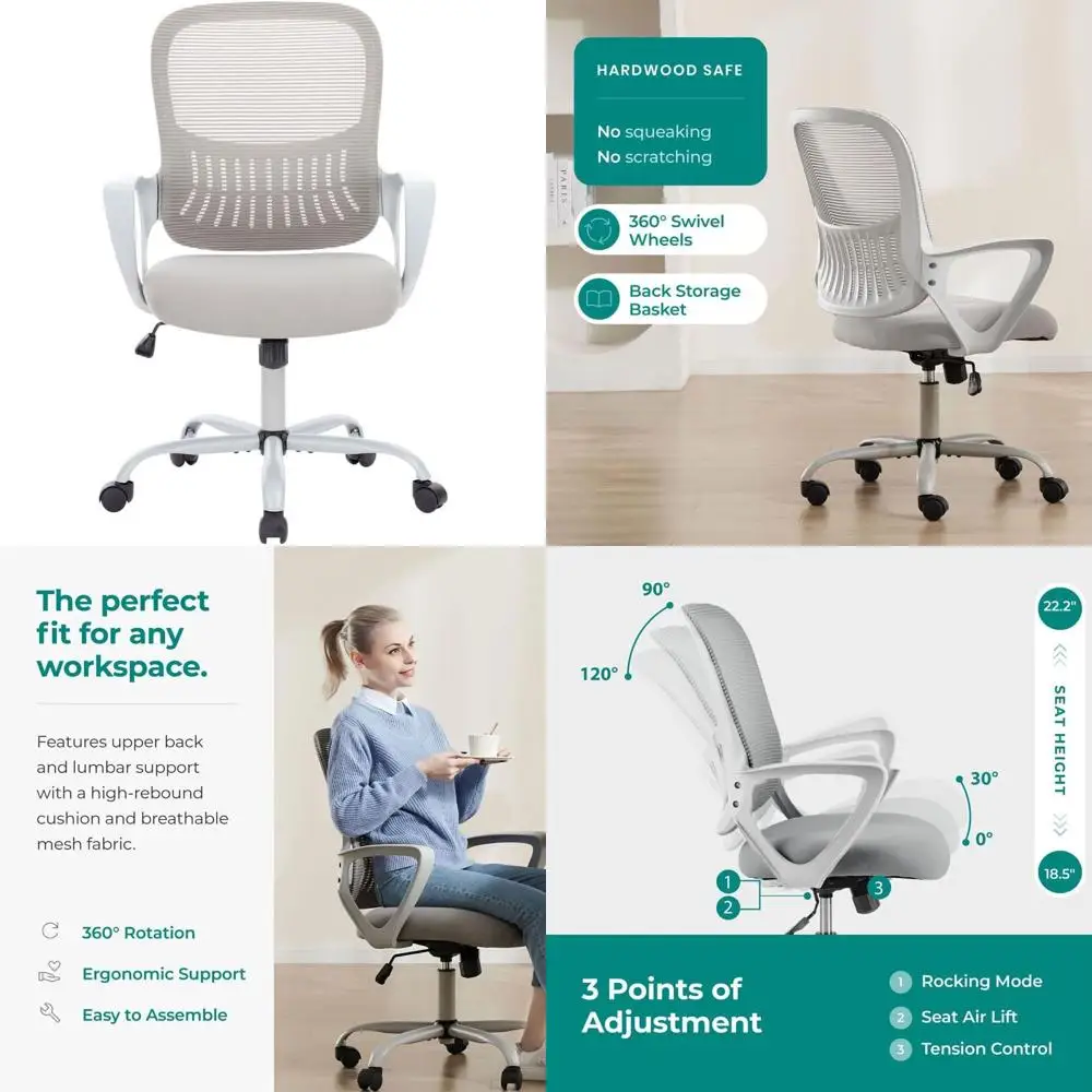 

Сетчатое кресло на колесиках с поясничной опорой, подходит для домашнего офиса, учебы, для взрослых и студентов, серое