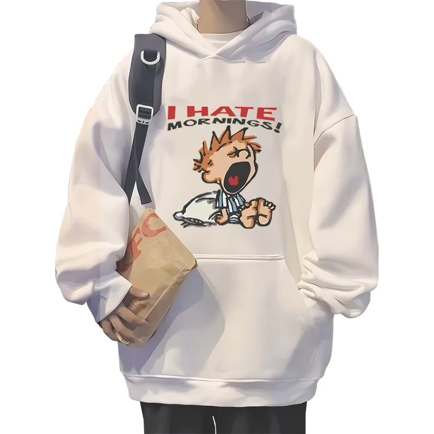

I Hate Mornings Printed Hoodie Men Women top vintage White Casual clothes Fleece Long Sleeve Pullovers hip hop Loose Sweatshirts