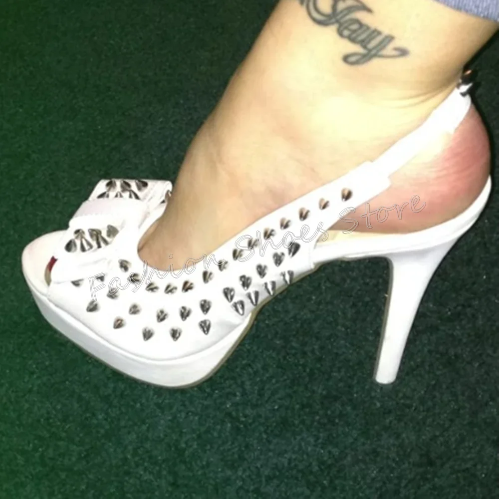 

White Peep Toe Rivet Decor Bow knot Decor Pumps Stilettos High Heels High Heel Shoes for Women Heels 2025 New Zapatos Para Mujer