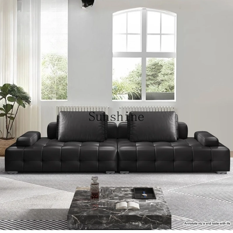 Italian minimalist villa living room large flat corner first layer cowhide straight row sofa