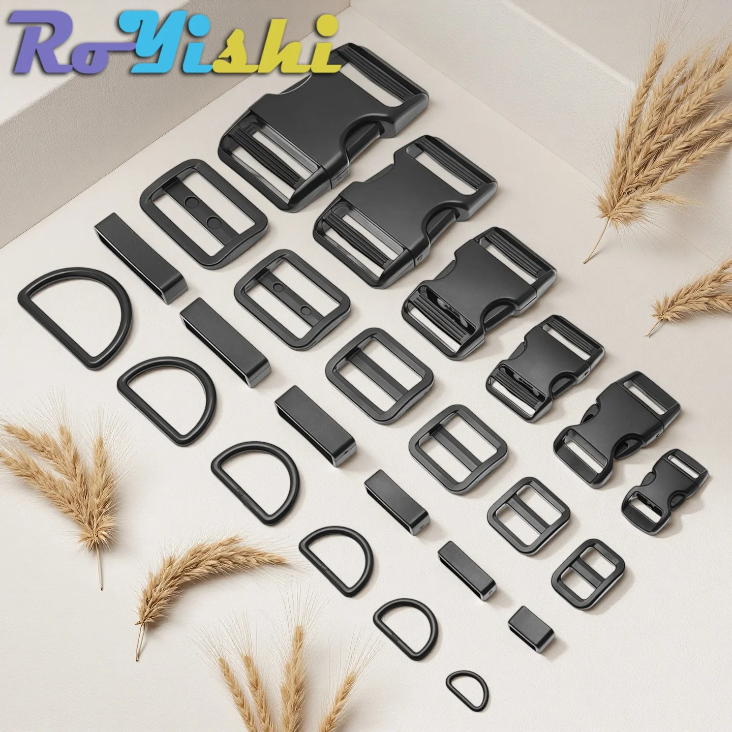 1-10 Set Plastic Side Release Buckles With D Rings Slider Belt Loops For Paracord Backpack Camping 10MM 15MM 20MM 25MM 30MM 38MM