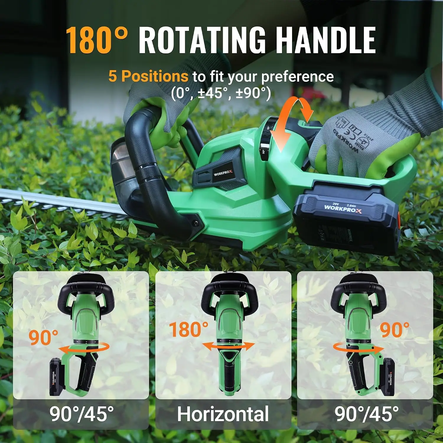WORKPROX 20V Cordless Hedge Trimmer with Battery, 18'' Dual-Action Blade | 180° Rotatable Handle, 5/8
