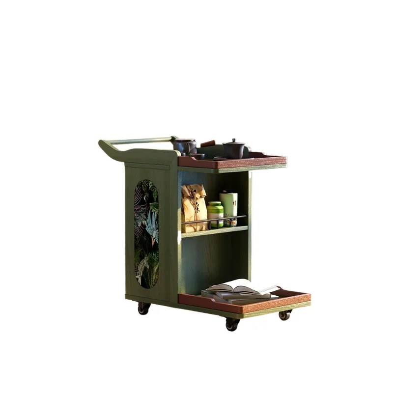 

French retro movable side table, living room tea table solid wood cart, medieval tea table household tea cart