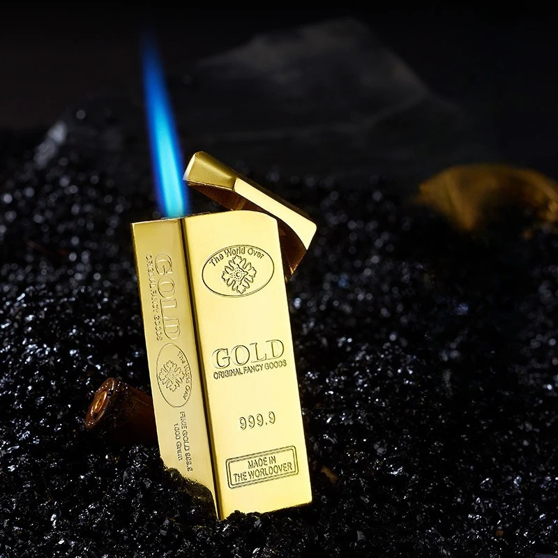New Jet Blue Flame Gold Bar Shape Butane Lighter High Temperature Firepower Adjustment Metal Body Windproof Cigarette Lighter
