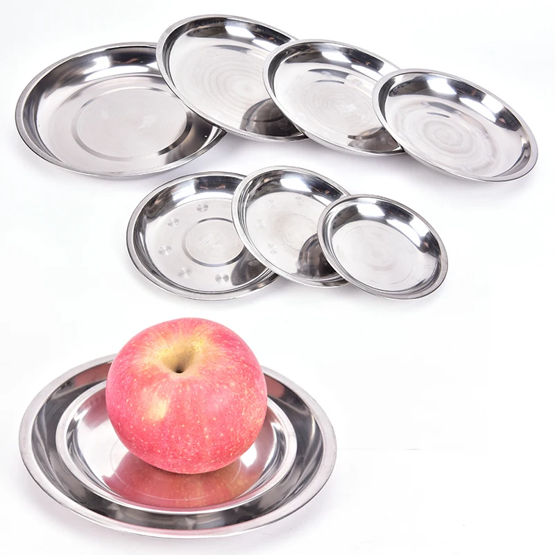 1PC Silver Durable Camping Round 14-26cm Dia Stainless Steel Tableware Dinner Plate Food Container 27-92g