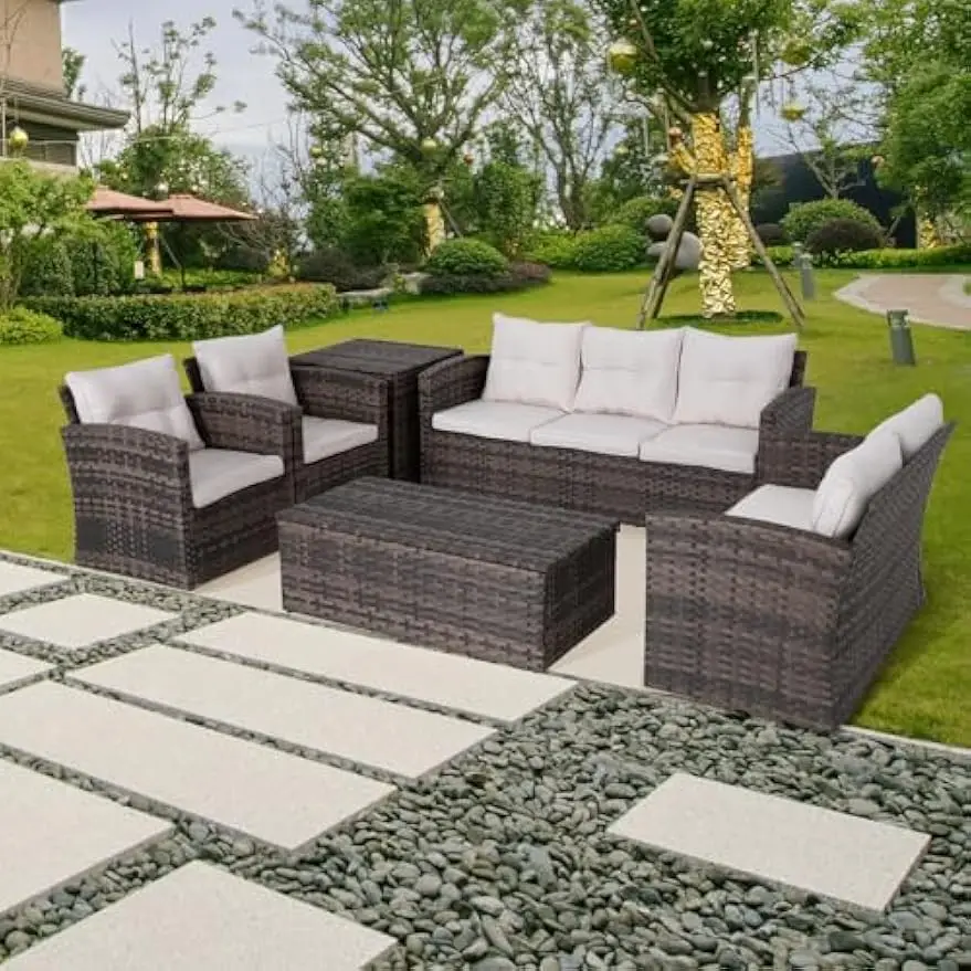 6 Piece Patio Furniture Set,Outdoor Patio Backyard Sofa Set with2 Storage Tables and Cushions,Wicker Rattan Sectional Sofa Couch