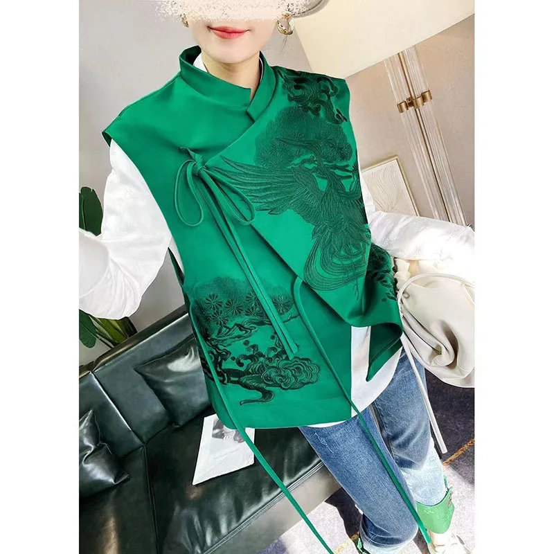 2024 Spring Summer Retro Heavy White Stork Embroidery Green Lace Chinese Vest Jacket Chinese Style Waistcoats Outerwear Female