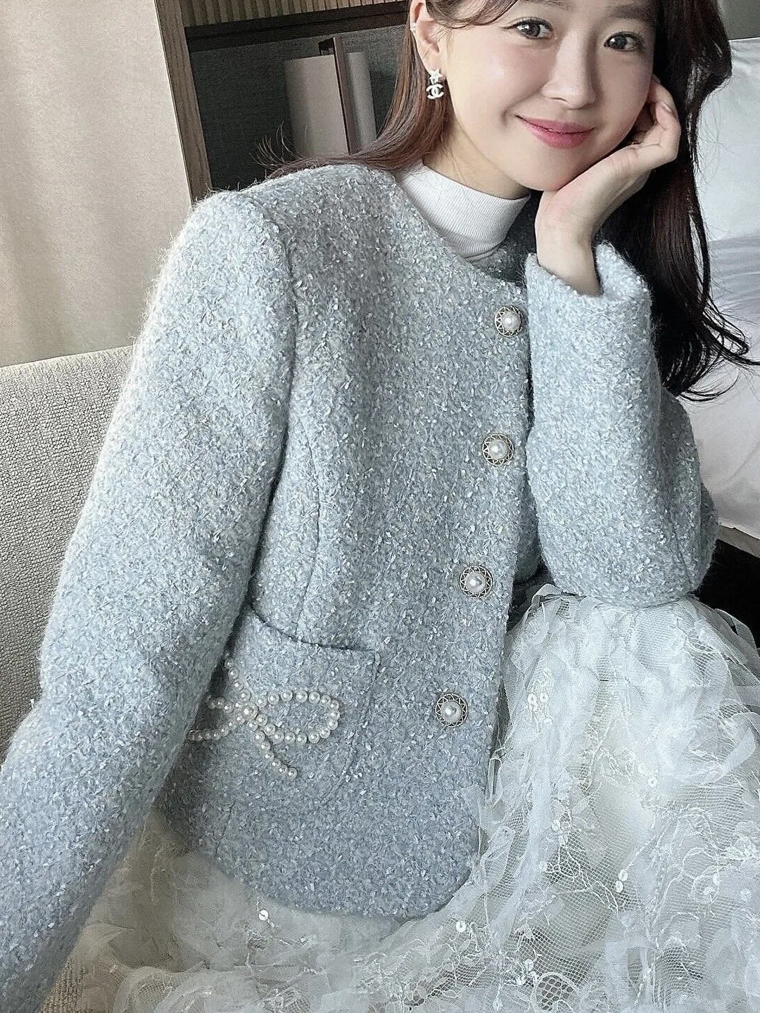 Elegant Tweed Jacket Women's Autumn Winter New Style Pearl Embellished  Knot High-End Feel Good Looking Coat Top