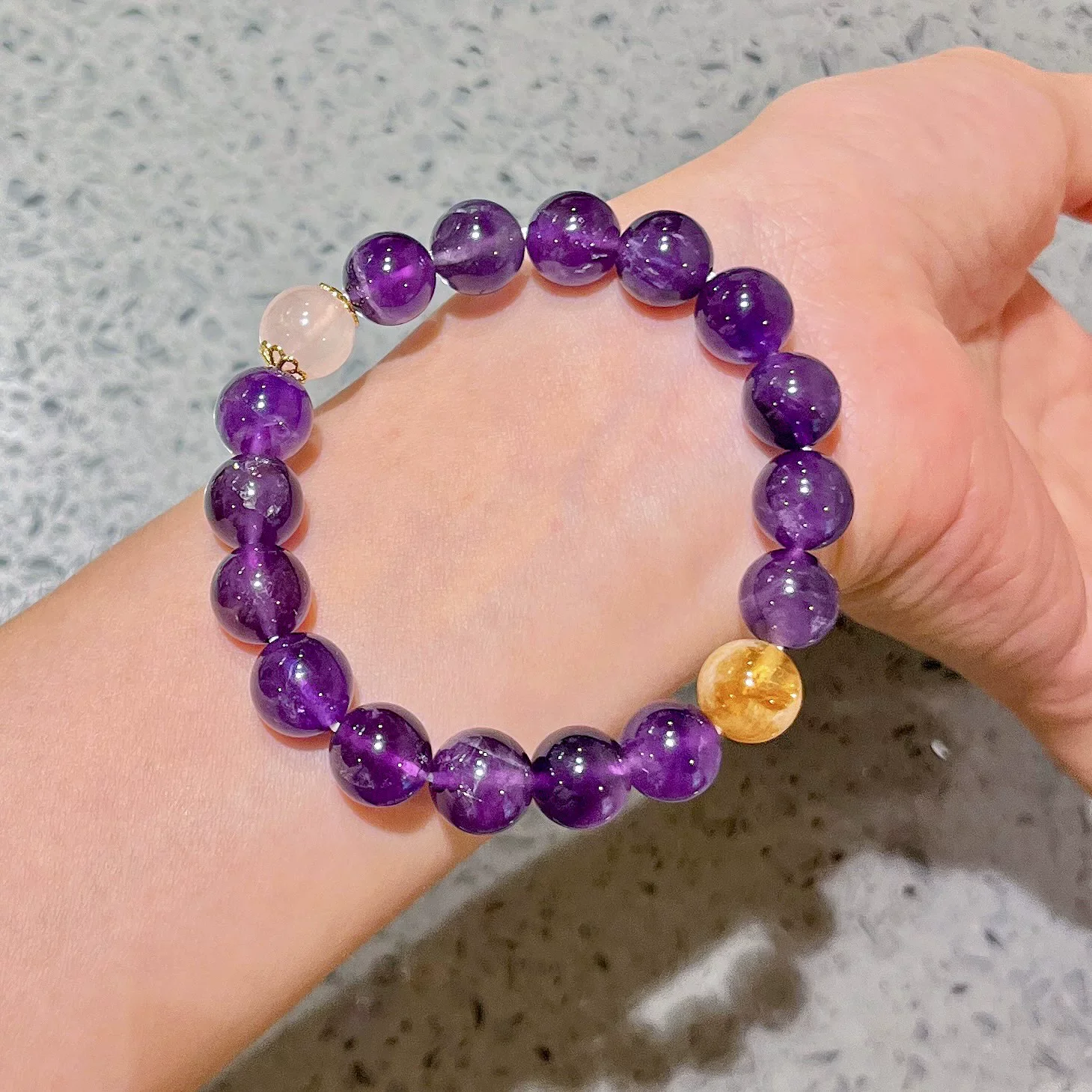 10mm Natural Amethyst Pink Crystal With Yellow Crystal Mix String Bracelet