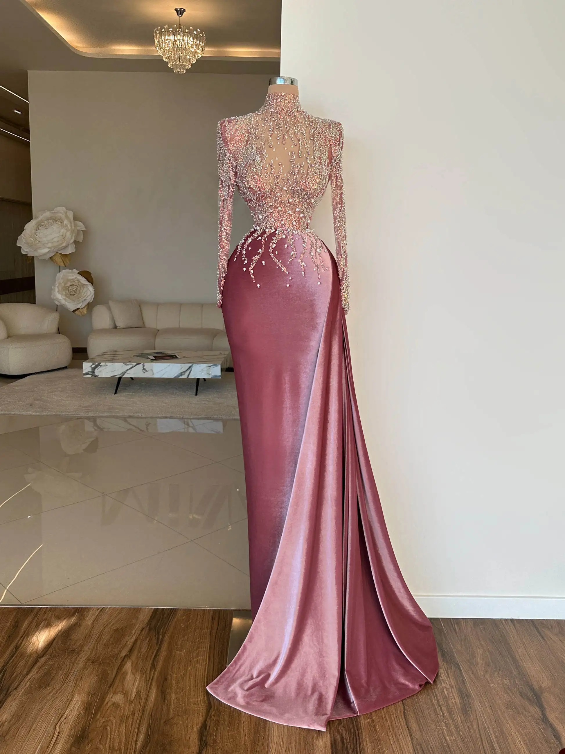 Shining Evening Dresses Appliques Sequins Beads Illusion Pearls Pleat Gown High Neck Prom Dress Vestido De Noite Customized