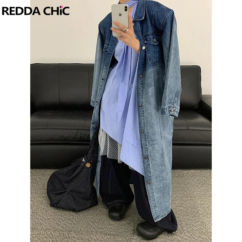 

ReddaChic 90s Retro Distressed Denim Jacket Women Gradient Wash Shoulder Pads Midi Long Cargo Pockets Oversized Coat Outerwear