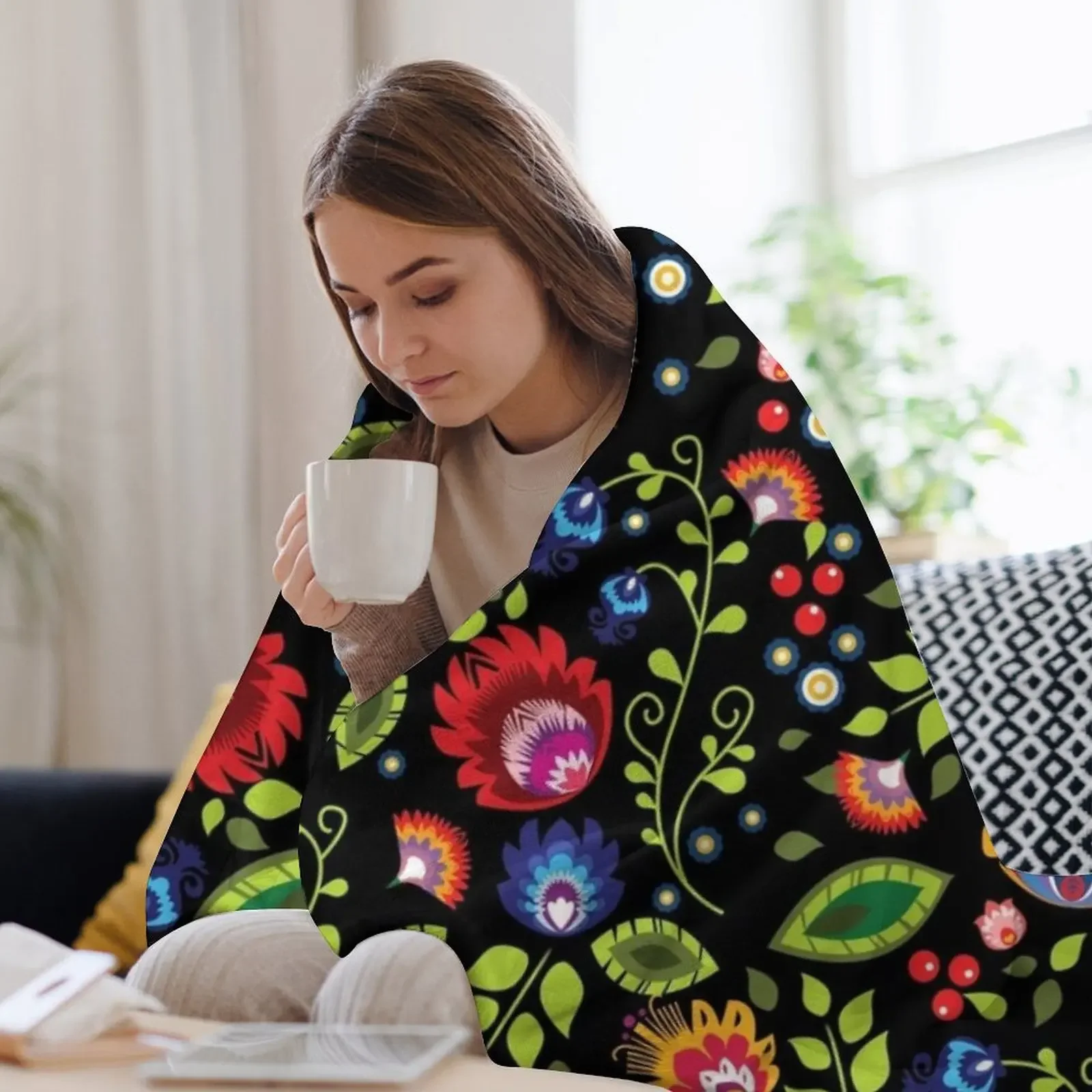 الفولكلور البولندية - تكوين جميل على بطانية رمي سوداء، بطانيات كلاسيكية للأريكة العملاقة الناعمة