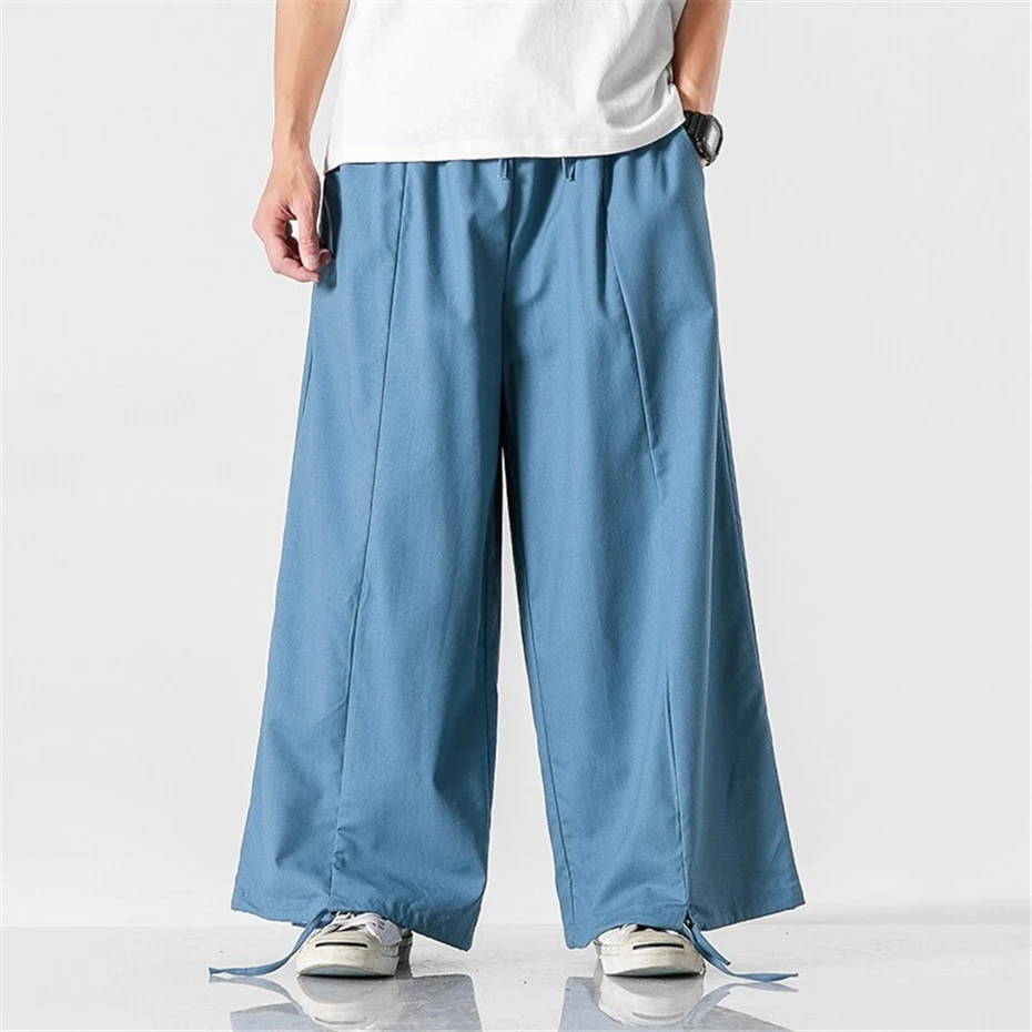 Large Size Thin Joggers Pants Mens Summer Cotton Linen Harem Trousers Men Harajuku Vintage Chinese Style Baggy Wide-leg Pant