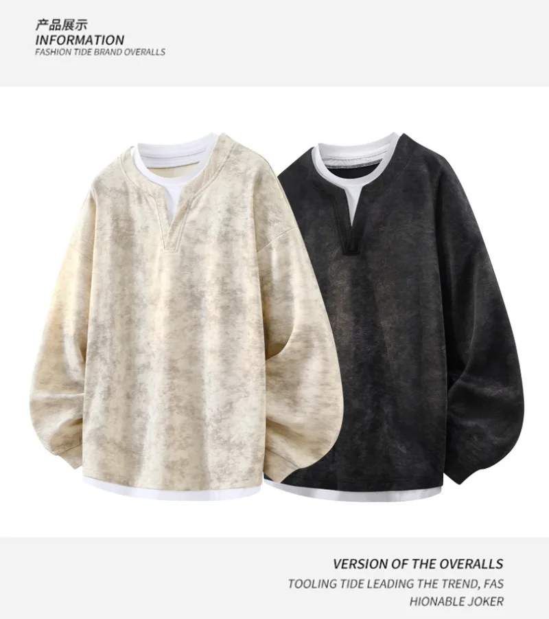 2026 Autumn New Round Neck Fake Two-piece Hoodie Korean Fashion Harajuku Tie Dye Casual Loose Long Sleeved T-shirt Sweatshirt