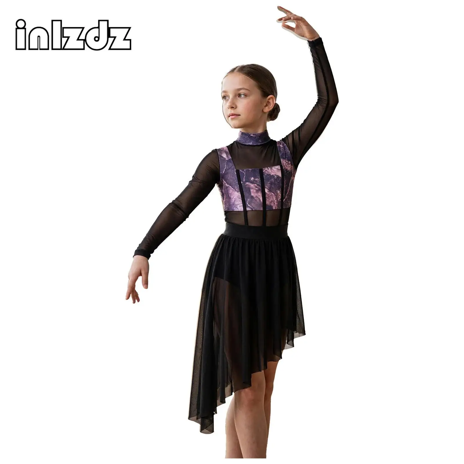 Kids Girls Contemporary Lyrical Modern Dance Dress Asymmetric Printed Ballet Gymnastics Figure Skating Leotard Dress Dancewear