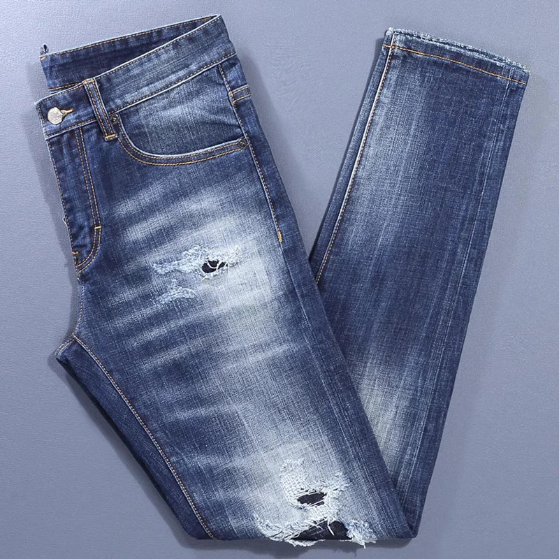 Men Deep‑Blue Gradient Wash Heavy Distressed Frayed Ripped Stretch Skinny Denim Jeans Hip‑Hop Streetwear Denim JeansY2K
