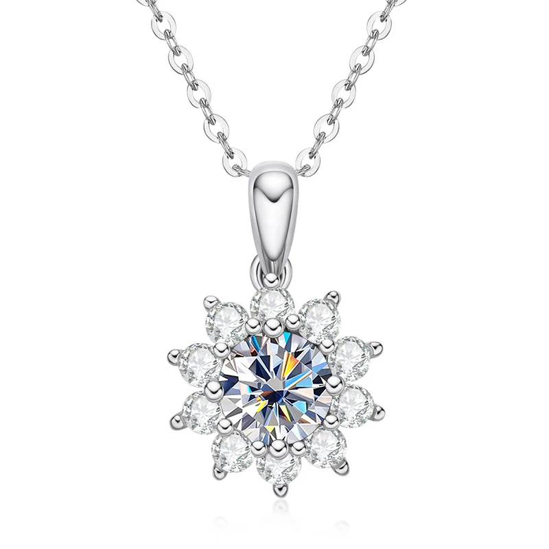 Butterflykiss 1Carat Sunflower Brilliant Cut D Color Moissanite Pendant Necklace For Women Silver 925 Jewelry Diamond Test Past